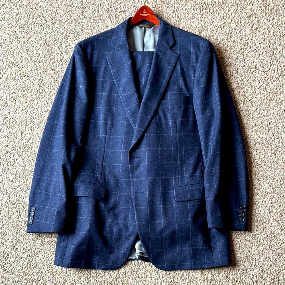 *Luxury* Paul Stuart Navy Windowpane Check Wool Flannel 2 Btn Suit 42 L